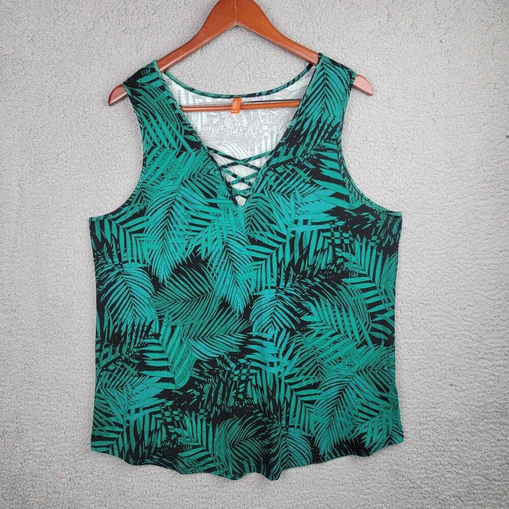 Feiersi Tank Top Shell Blouse Womens XXL Green Black Tropical Palm Criss Cross